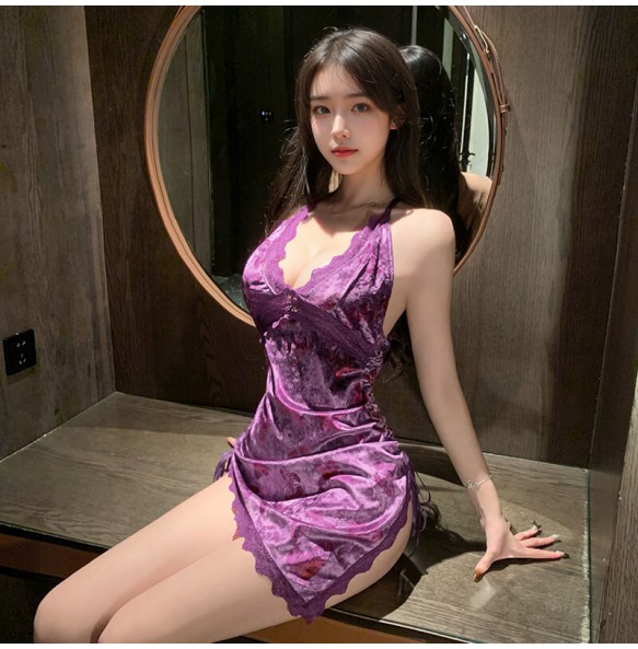 FEE ET MOI - Butterfly Print Deep V Velvet Dress (Purple)